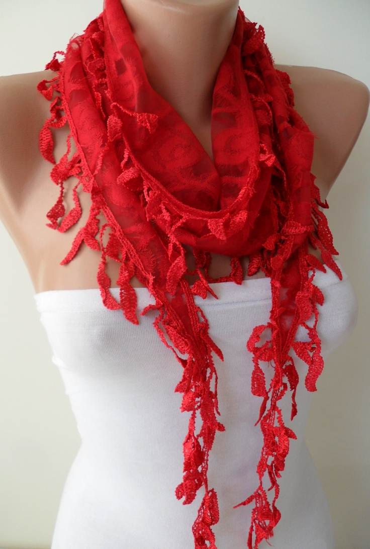 Red Scarf with Red Trim Edge Shaped Leaves