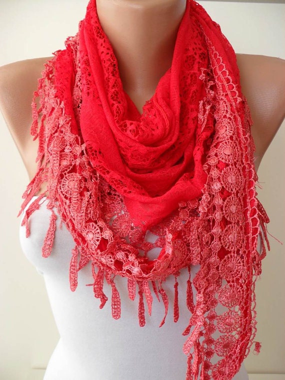 Red Shawl - Red Laced Fabric with Trim Edge
