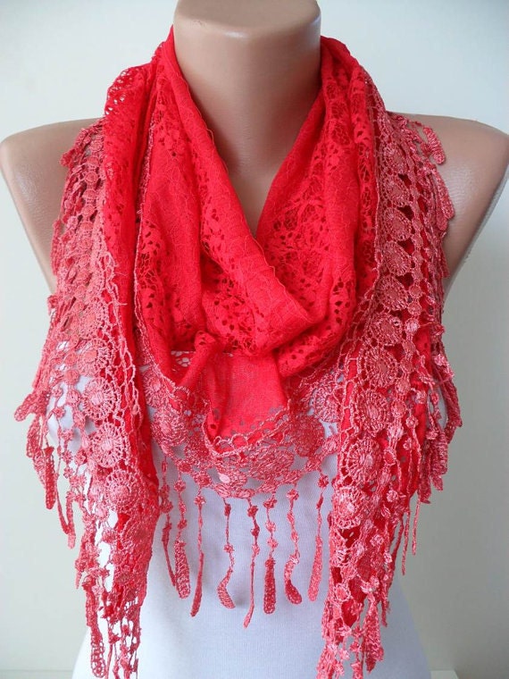 Red Shawl - Red Laced Fabric with Trim Edge