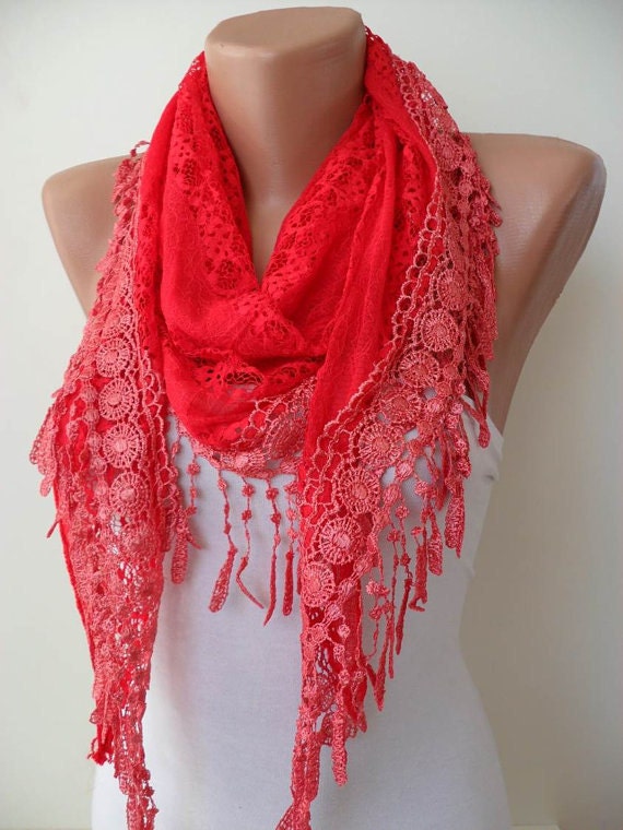 Red Shawl - Red Laced Fabric with Trim Edge