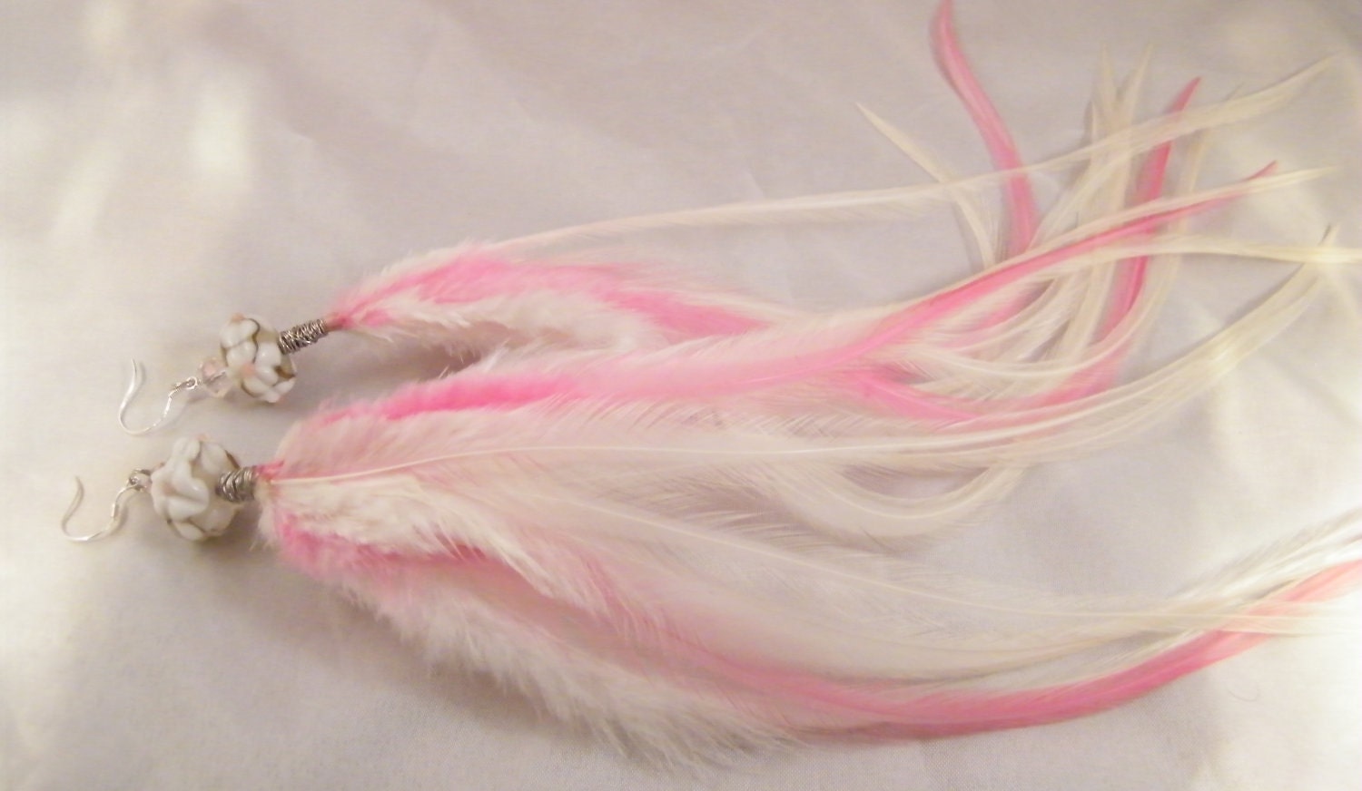 Feather earrings long Pink and White Lampwork Beads