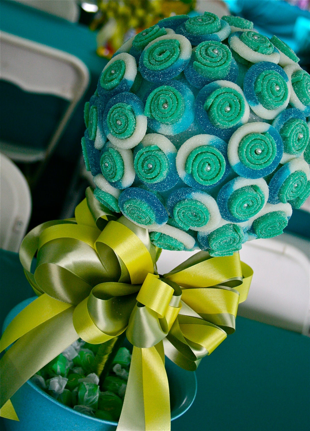 Blue Green Sour Belt Candy Land Centerpiece Topiary Tree, Candy Buffet Decor Arrangement Wedding, Mitzvah, Party Favor, Edible Art