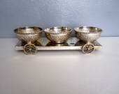 Vintage Brass Metal Tray with 3 Bowls on Wheels
