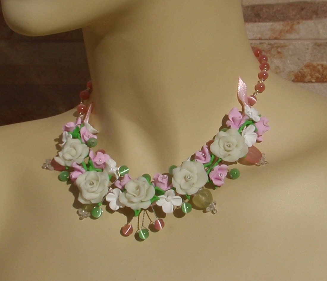 Polymer jewelry - Flower necklace and earrings -  Nightglow jewelry - Handmade
