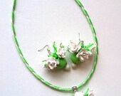 Rose earrings and pendant - Green and white jewellery set- White rose earrings and pendant