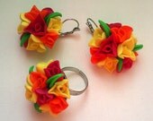 Colourful earrings and ring- Pink, yellow, orange