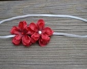 Red & White Double Flower Baby Headband - Skinny Elastic - Swarovski Rhinestones - Baby - Infant - Toddler - Tween - 4th of July