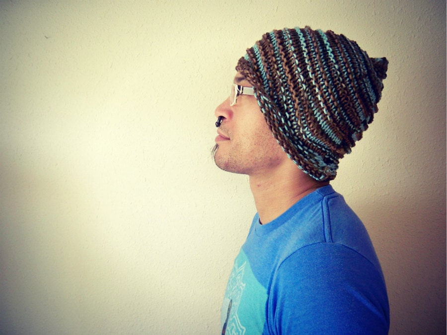 Blue and Brown Textured Hand Knit Vegan Slouchy Hat