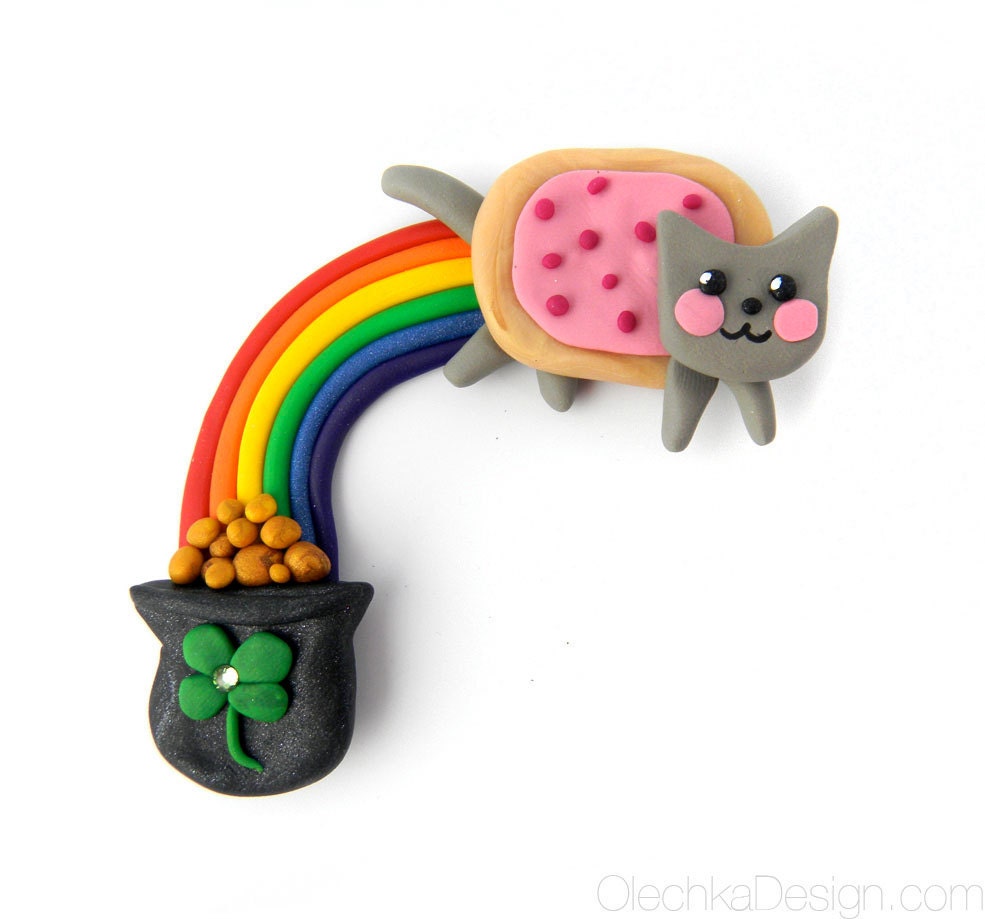 Nyan Cat Rainbow and Pot of Gold - St. Patrick's Magnet - Polymer Clay and Swarovski Rhinestone