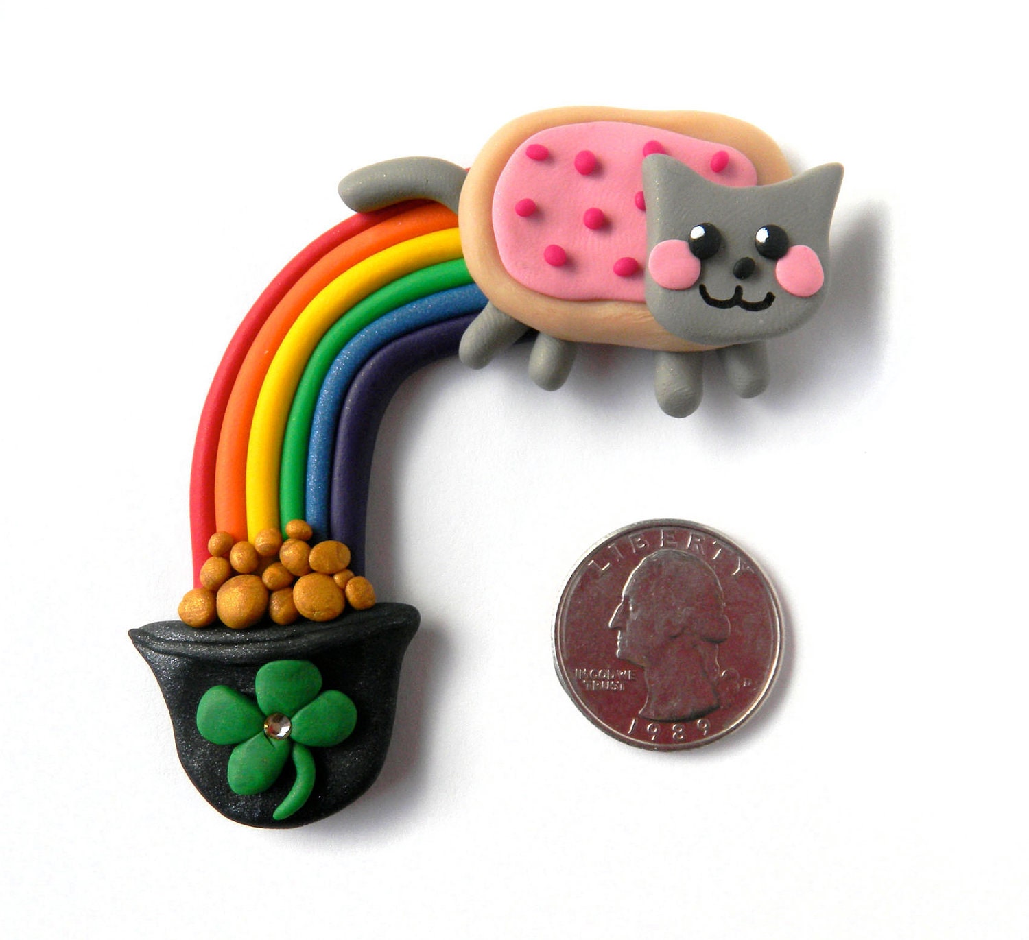 Nyan Cat Rainbow and Pot of Gold - St. Patrick's Magnet - Polymer Clay and Swarovski Rhinestone