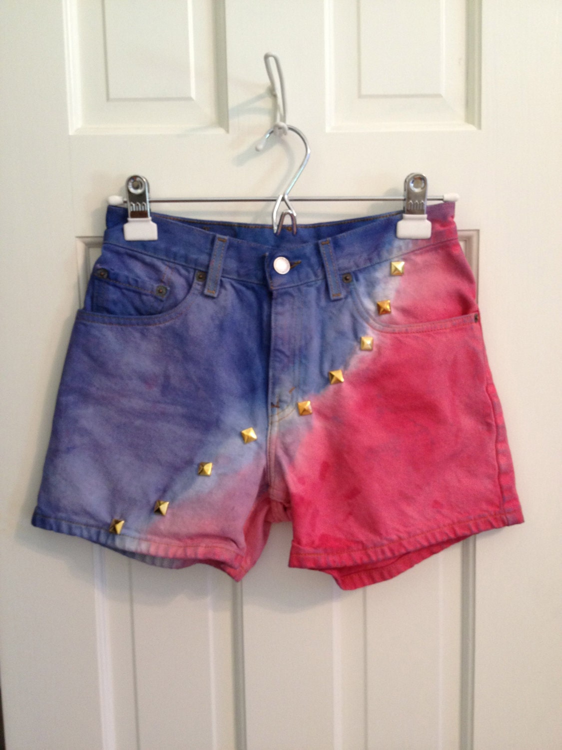 Red and Blue Dyed High Waisted Jean Shorts with Gold Pyramid Studs