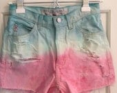 Dyed Pink and Teal High Waisted Jean Shorts