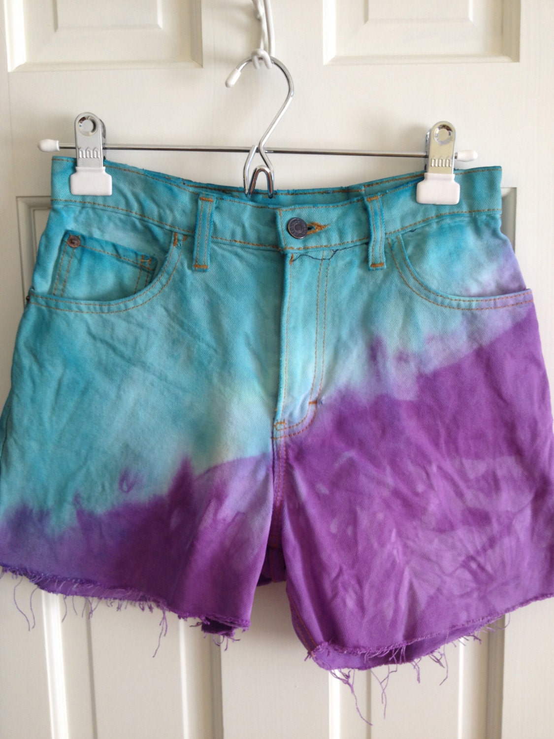 Purple and Teal Dyed High Waisted Jean Shorts