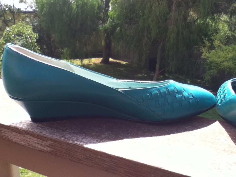 Sandler 80s Leather Turquoise Woven Wedge Shoe "Never Been Worn" Size 7