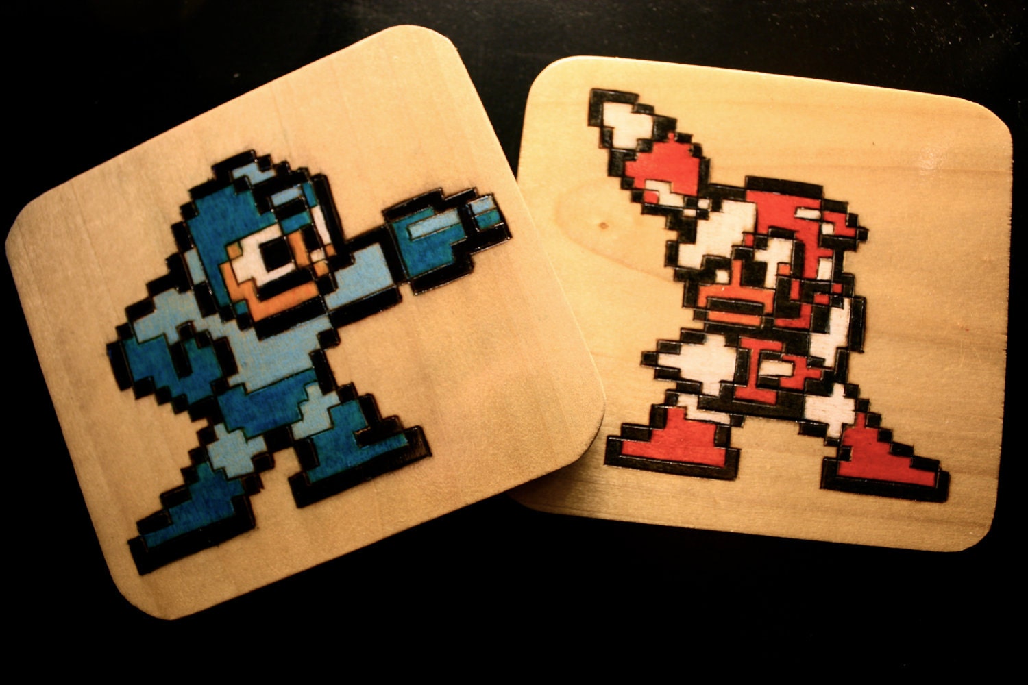 Wood Burned MegaMan Sprite Coasters Set of 4