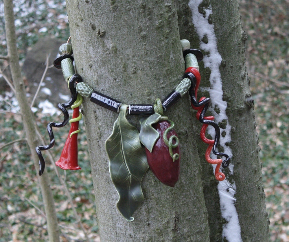 Tree Bling, Red & eggplant jewellery for your trees, handmade exotic, organic, ceramic baubles to decorate your tree trunks