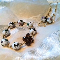 Sweet Cloisonne Orchids in Gold Bracelet & Earrings Set