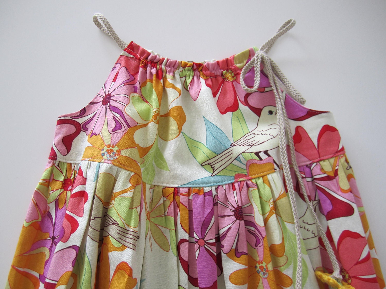 Girls Summer Dress-Flowers and Birds-linen/cotton baby toddler dress-orange pink green-sundress-Handmade Children Clothing by Chasing Mini