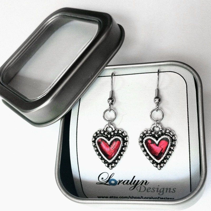 Red Heart Earrings, Red and Black Jewelry, Gift for girlfriend, Rocker Style, Silver Heart Earrings