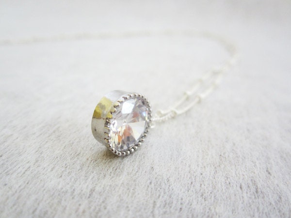 Large Cubic Zirconia pendant necklace, Sterling Silver Satellite Chain Necklace.
