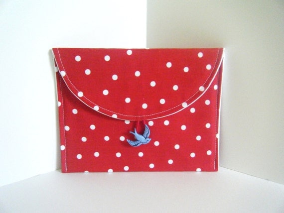 Clutch pouch polka dot red white sparrow button for cosmetics personal items.