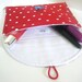 Clutch pouch polka dot red white sparrow button for cosmetics personal items.