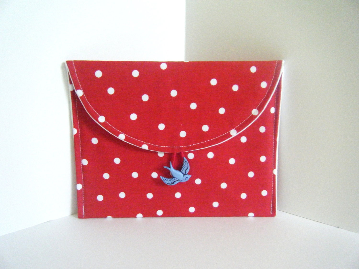 Clutch pouch polka dot red white sparrow button for cosmetics personal items.