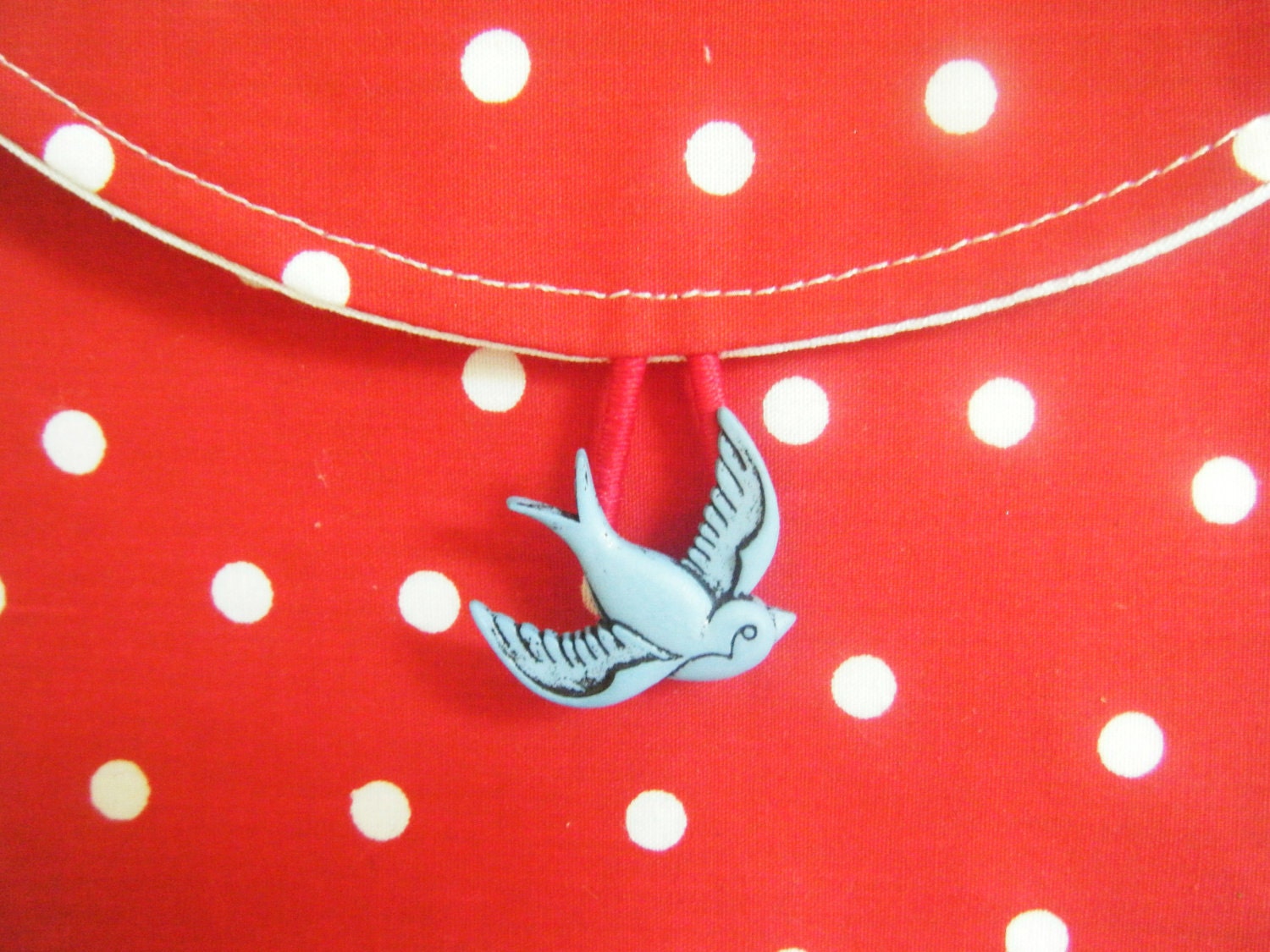 Clutch pouch polka dot red white sparrow button for cosmetics personal items.