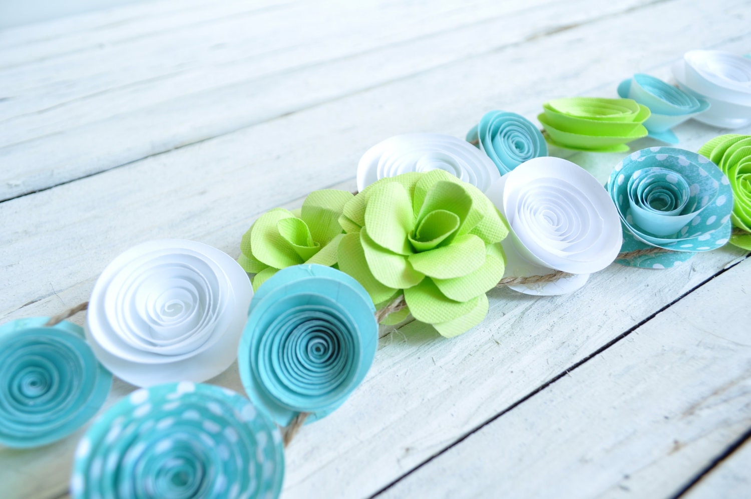 Garland Paper Flowers White  Teal  Lime Baby Boy Shower Garland Wedding Garland 5.5 Feet