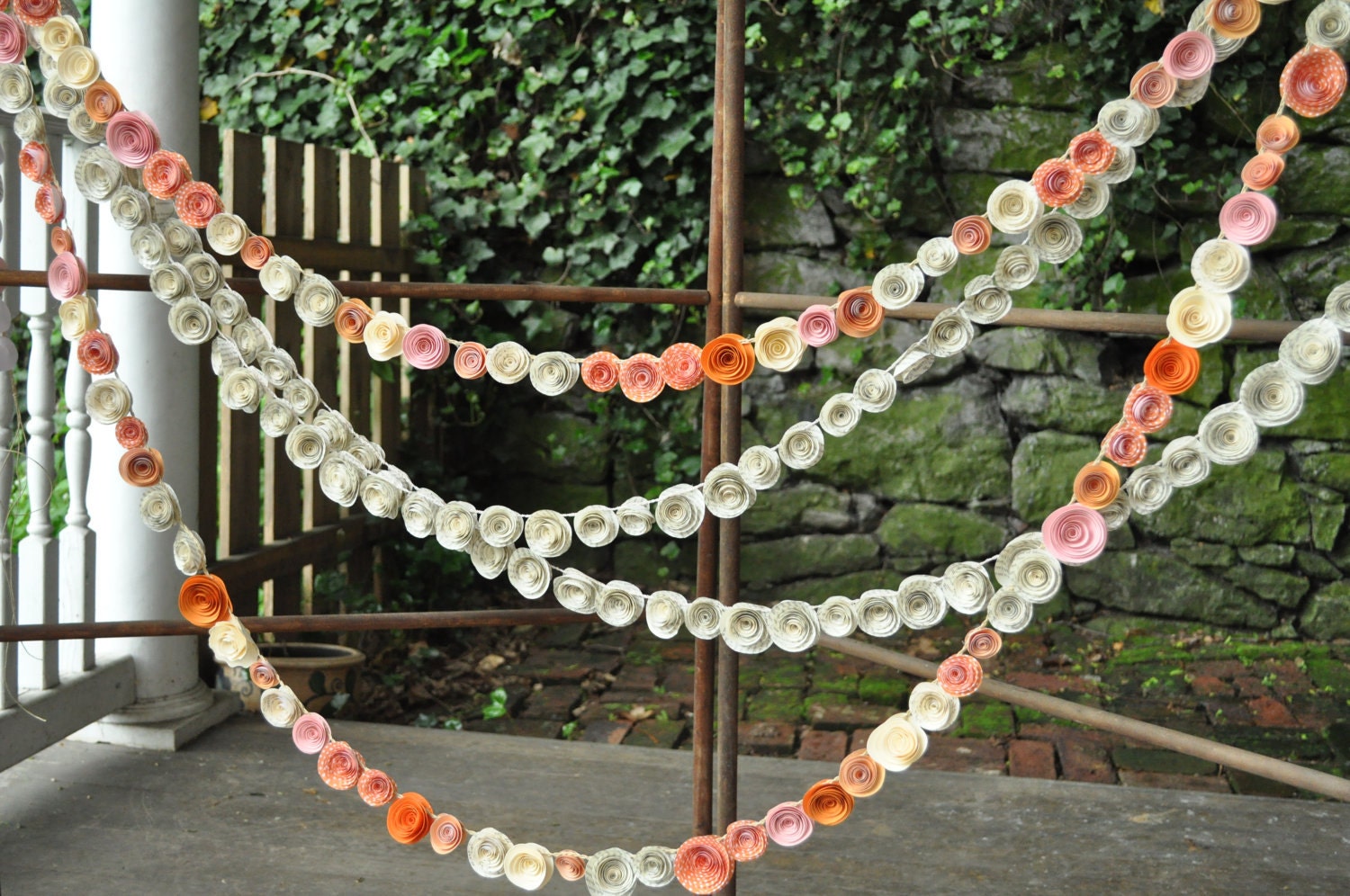 Wedding Garland Paper Flowers Orange, Ivory Peach Pink Book Pages 22 feet