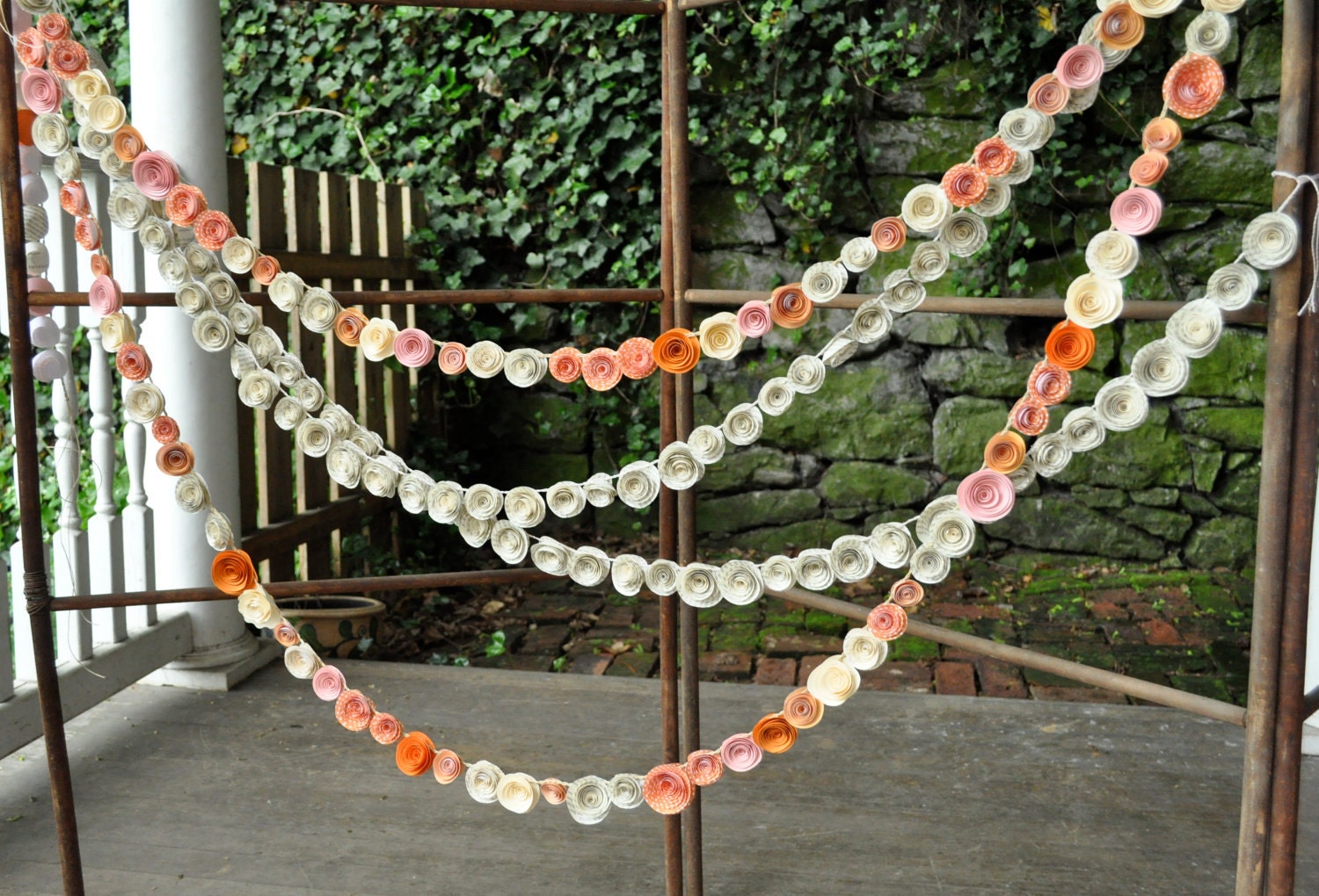 Wedding Garland Paper Flowers Orange, Ivory Peach Pink Book Pages 22 feet