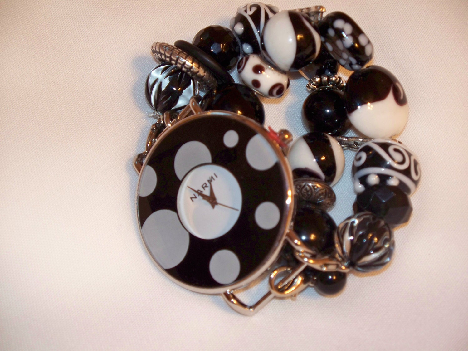 Black and White Polka Dotted Bracelet Watch - Chunky Beaded Interchangeable Watch Band and Face