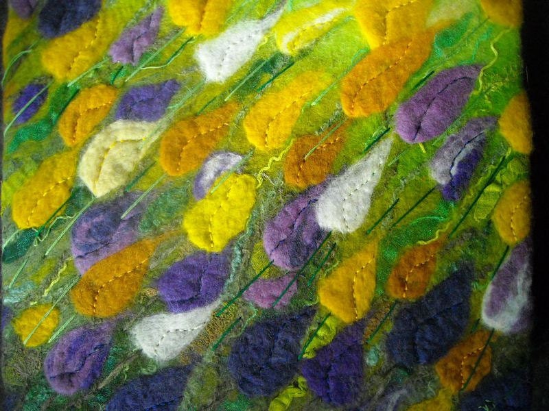 felt wall art, crocus, abstract flowers,purple and yellow canvas art, fibre textile art, Heralds of spring