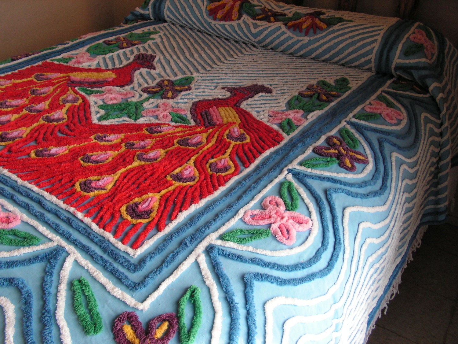 Vintage Chenille Peacock Bedspread