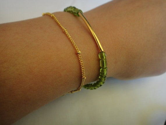 Gold Bar and Vintage Green Glass Bracelet
