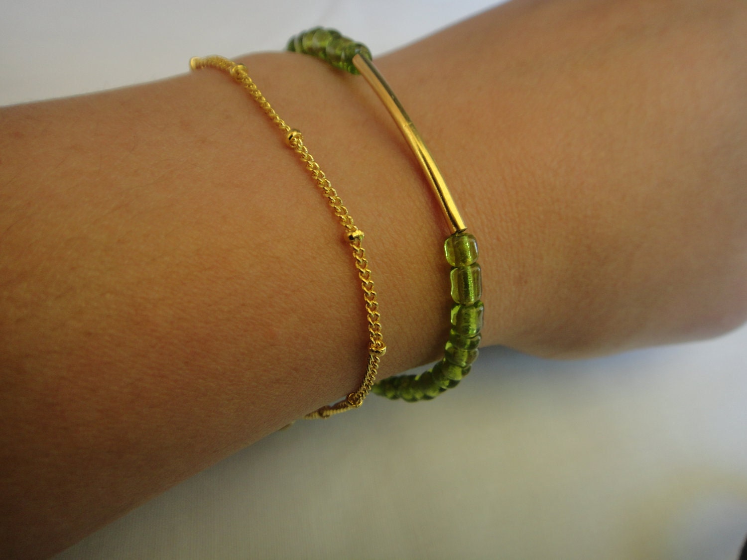 Gold Bar and Vintage Green Glass Bracelet