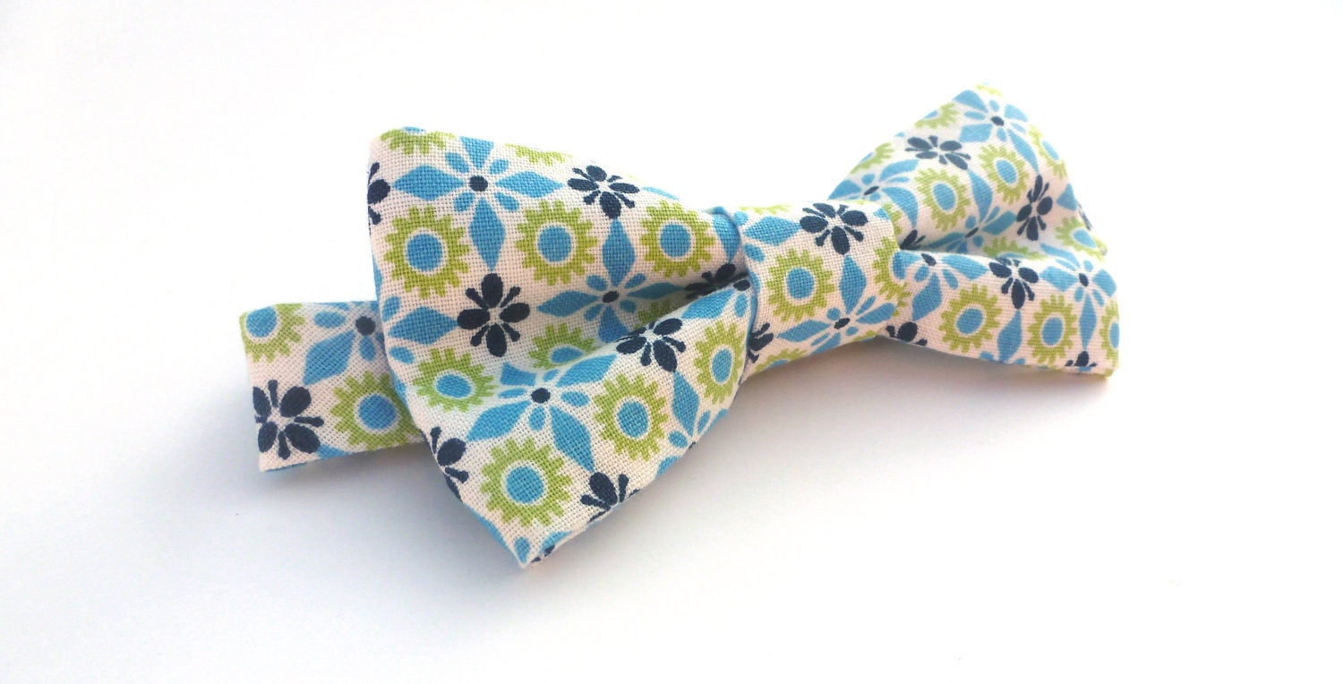 Boys Bow Tie- Blue, White, and Lime Green Floral - Sizes newborn-adult