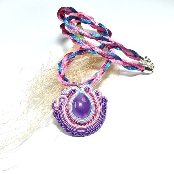 Soutache Necklace. Hand Embroidered Necklace. Pendant. Soutache Necklace with Amethyst. Purple and pink. Viloet.