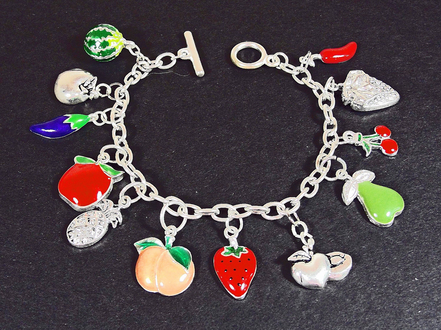 SALE Hand Made Fruit Charm Bracelet - Enameled Metal Silver Chain - Womens Teens Gift