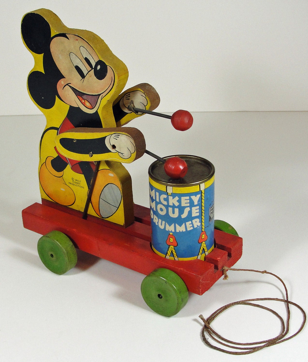 SALE 1940s Wood Mickey Mouse Drummer Pull Toy No. 476 - Vintage Fisher Price Childrens Wooden Toys - Collectors Gift