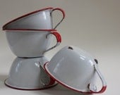 Set of Four Vintage White and Red Enamel Cups, Camp Cups, Enamelware - ArmoryArtandAntiques