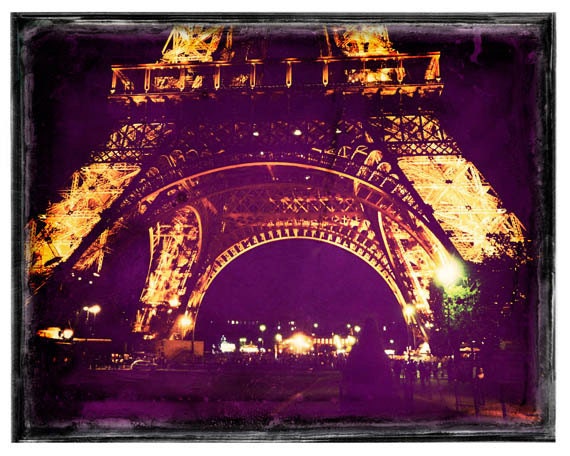 Paris photography, fine art travel photograph, 8x10 France photo print, vintage, purple, gold, yellow, romantic Eiffel Tower decor