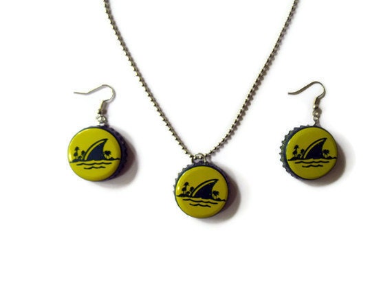 Bottle Cap Earrings Necklace Set, Shark Fin Landshark Beer Cap Upcycled Jewelry Set