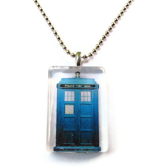 Tardis Necklace, Doctor Who Glass Tile Pendant Necklace, Geeky Jewelry