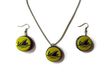 Bottle Cap Earrings Necklace Set, Shark Fin Landshark Beer Cap Upcycled Jewelry Set