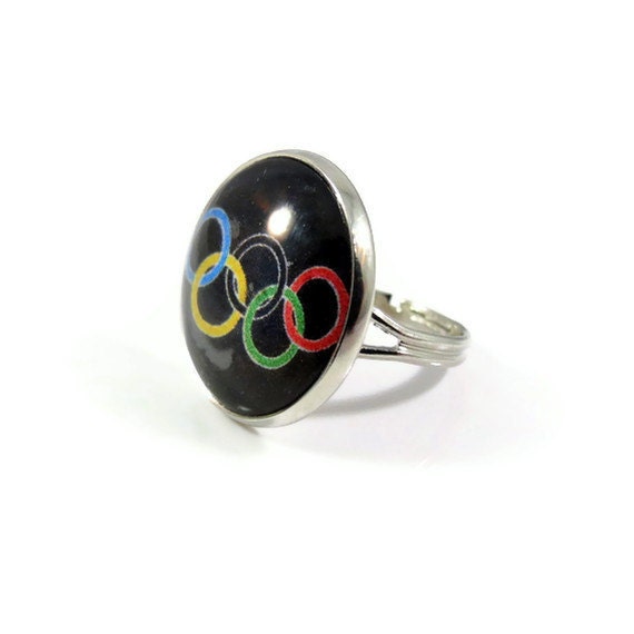 Olympics Ring, Adjustable Silver Tone Ring, Black Background