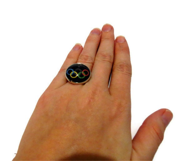 Olympics Ring, Adjustable Silver Tone Ring, Black Background