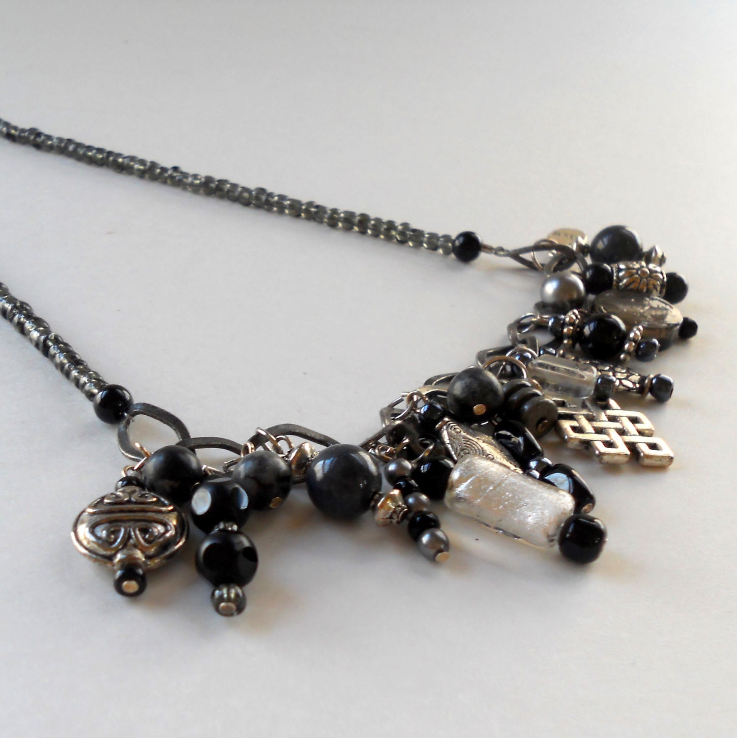 Boho Black Beaded Statement Necklace Gray Bohemian Fashion Jewelry Chunky Matte Grey Chain Handmade Charms Toggle Clasp Free Shipping