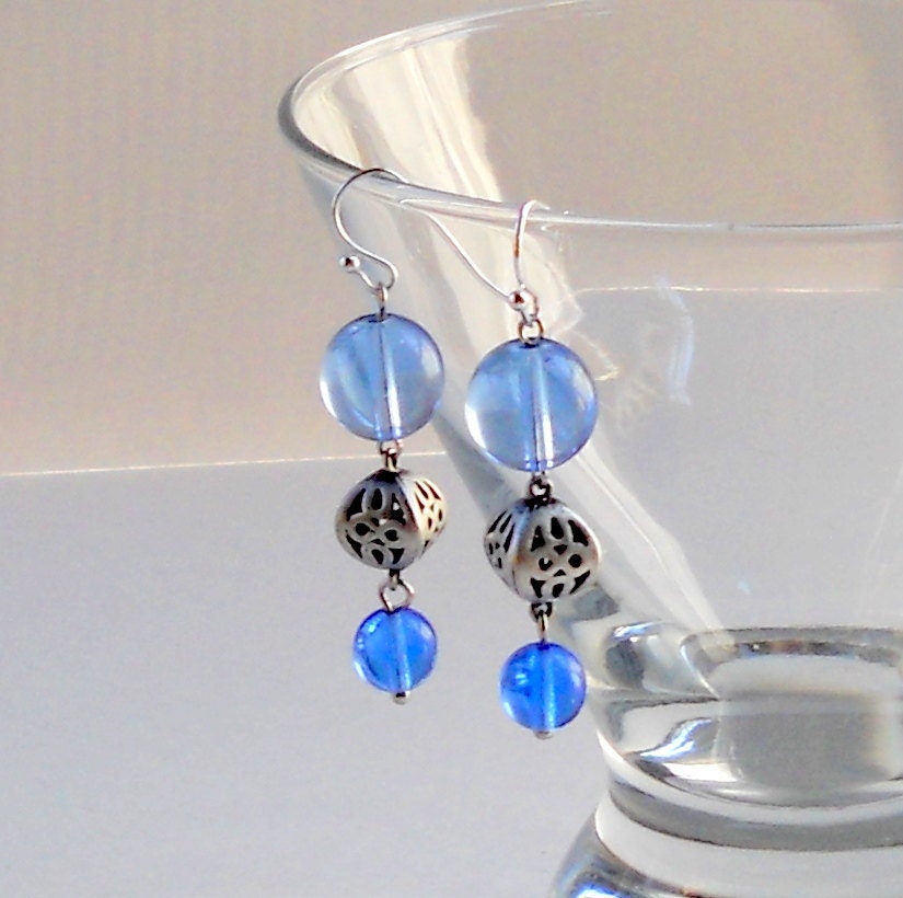Blue Dangle Earrings Matte Antique Silver 3D Hollow Cutouts Beaded Light Blue Glass Dangles Fashion Jewelry