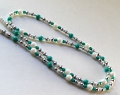 Long Beaded Turquoise Green Necklace Czech Beads Opaque Faceted Matte Silver Fashion Jewelry Summer Caribbean Resort Cruise Wear